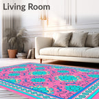 Pink Teal Floral Medallion Border Rug
