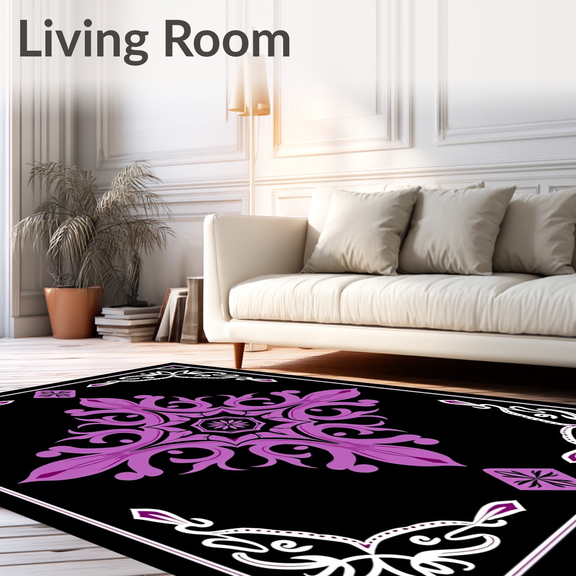 Ornate Purple Floral Black Medallion Rug