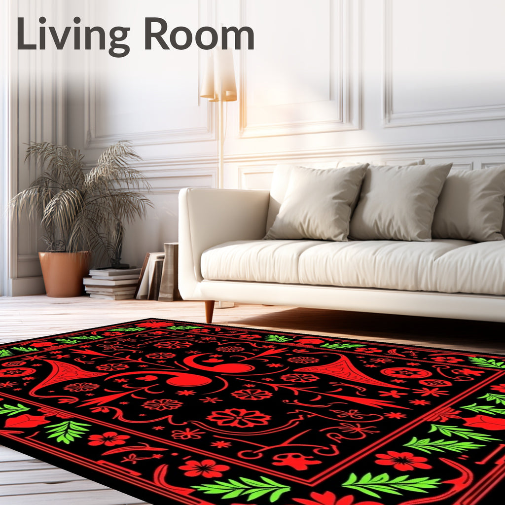Bold Red Floral Folk Art Rug