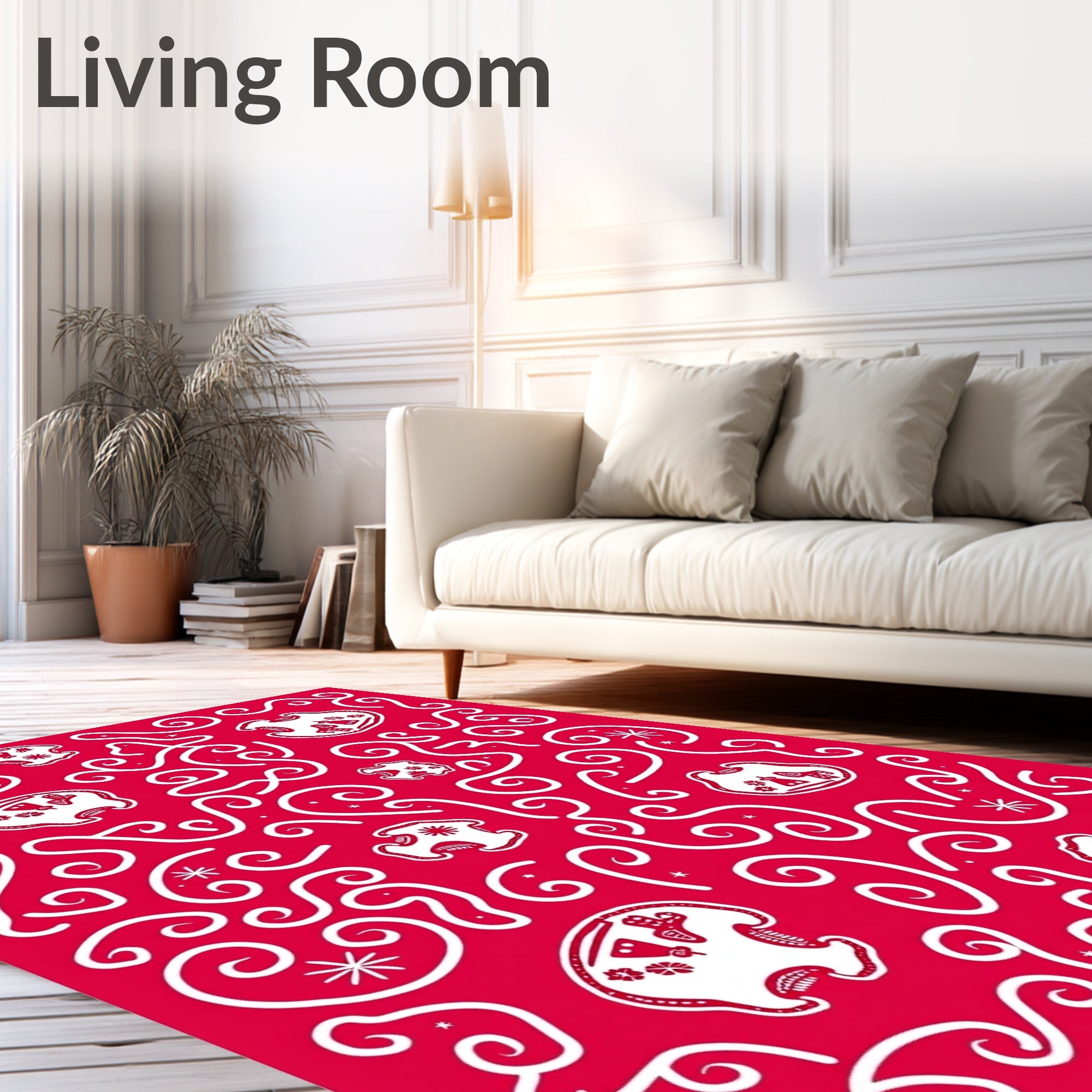 Crimson White Folk Art Whimsical Creatures Rug