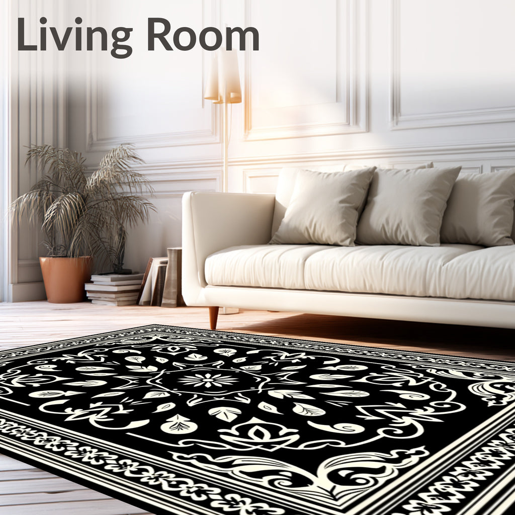 Cream and Black Floral Medallion Border Rug