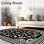 Cream and Black Floral Medallion Border Rug