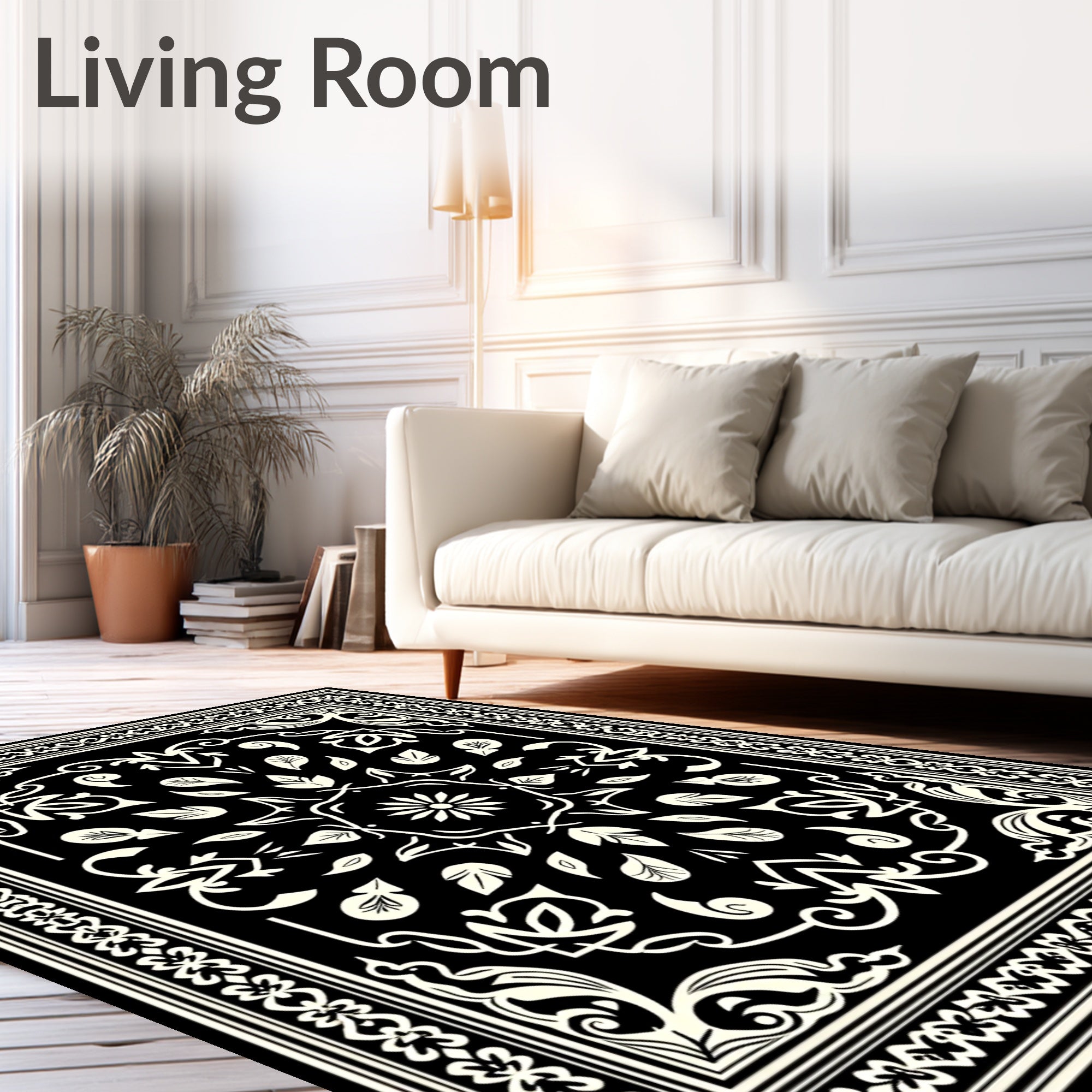 Cream and Black Floral Medallion Border Rug