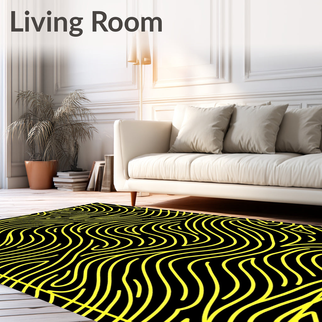 Black Yellow Wavy Lines Abstraction Rug