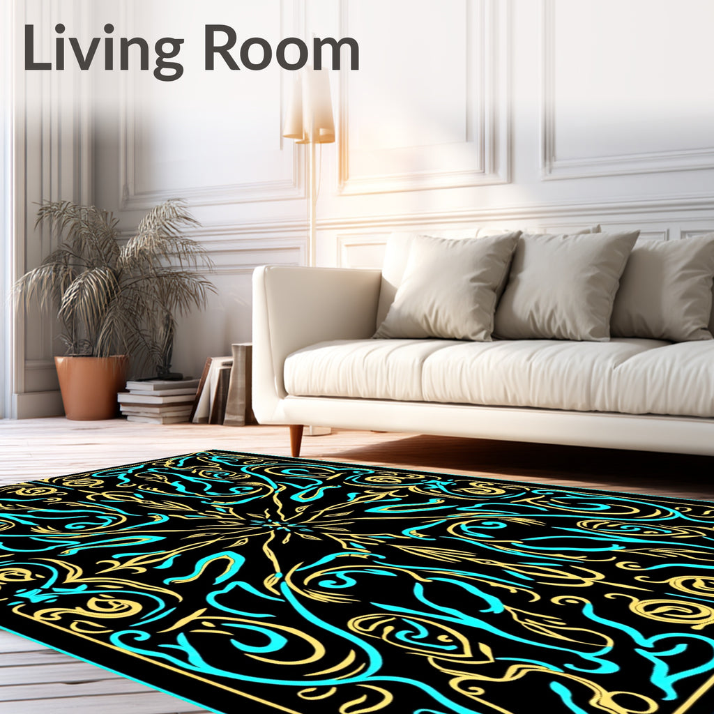 Black Gold Turquoise Filigree Mandala Rug