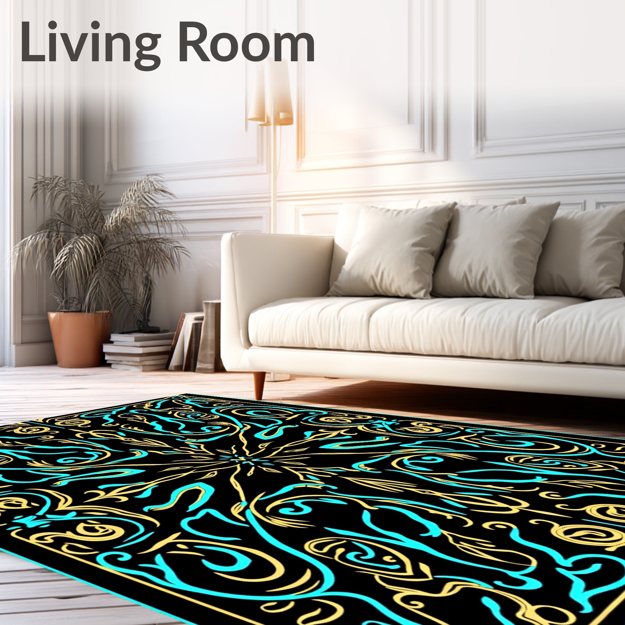 Black Gold Turquoise Filigree Mandala Rug