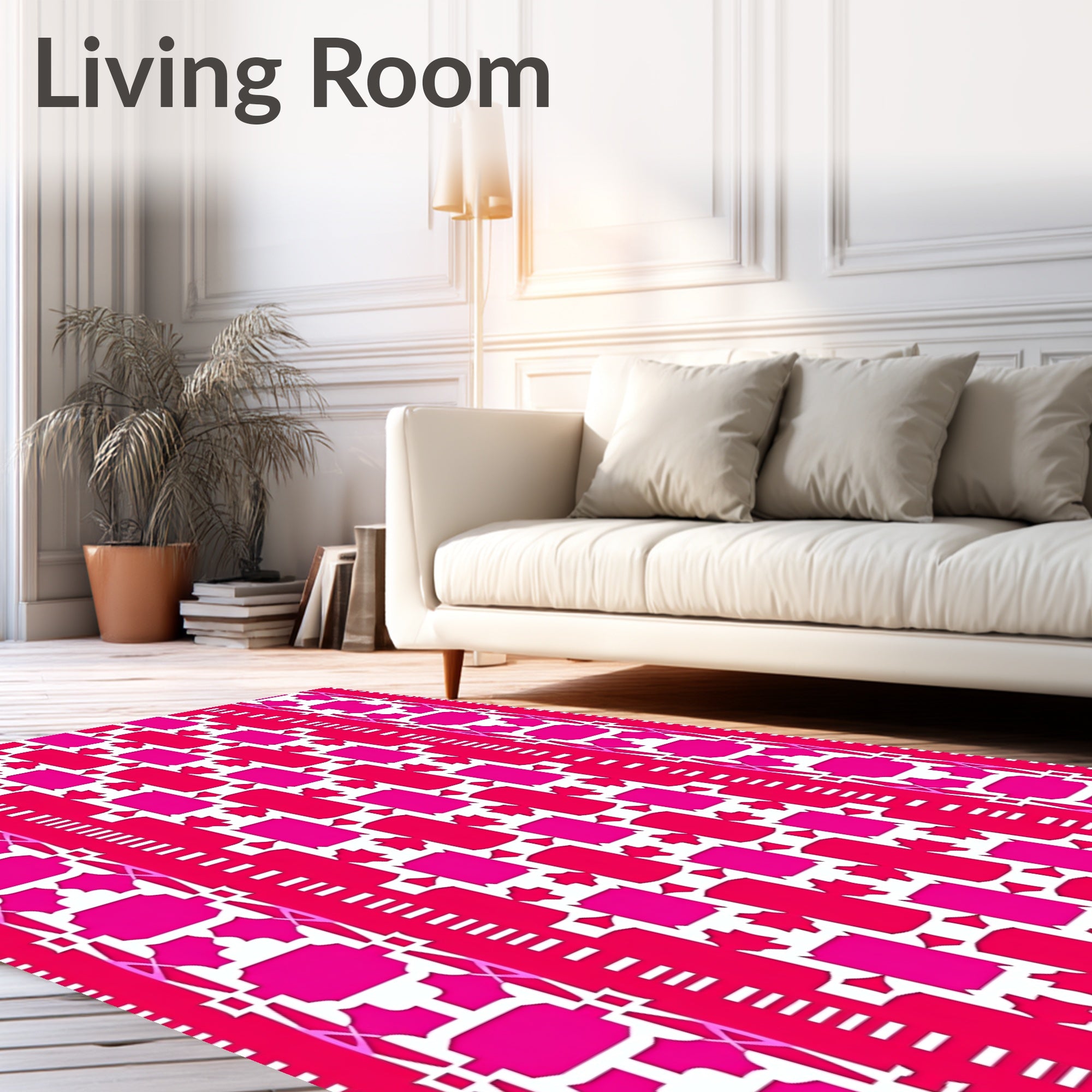 Vibrant Magenta Pink Geometric Border Rug