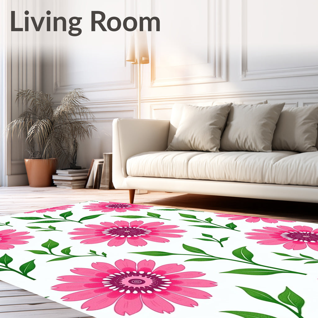 Bright Pink Daisy Floral Vines Rug