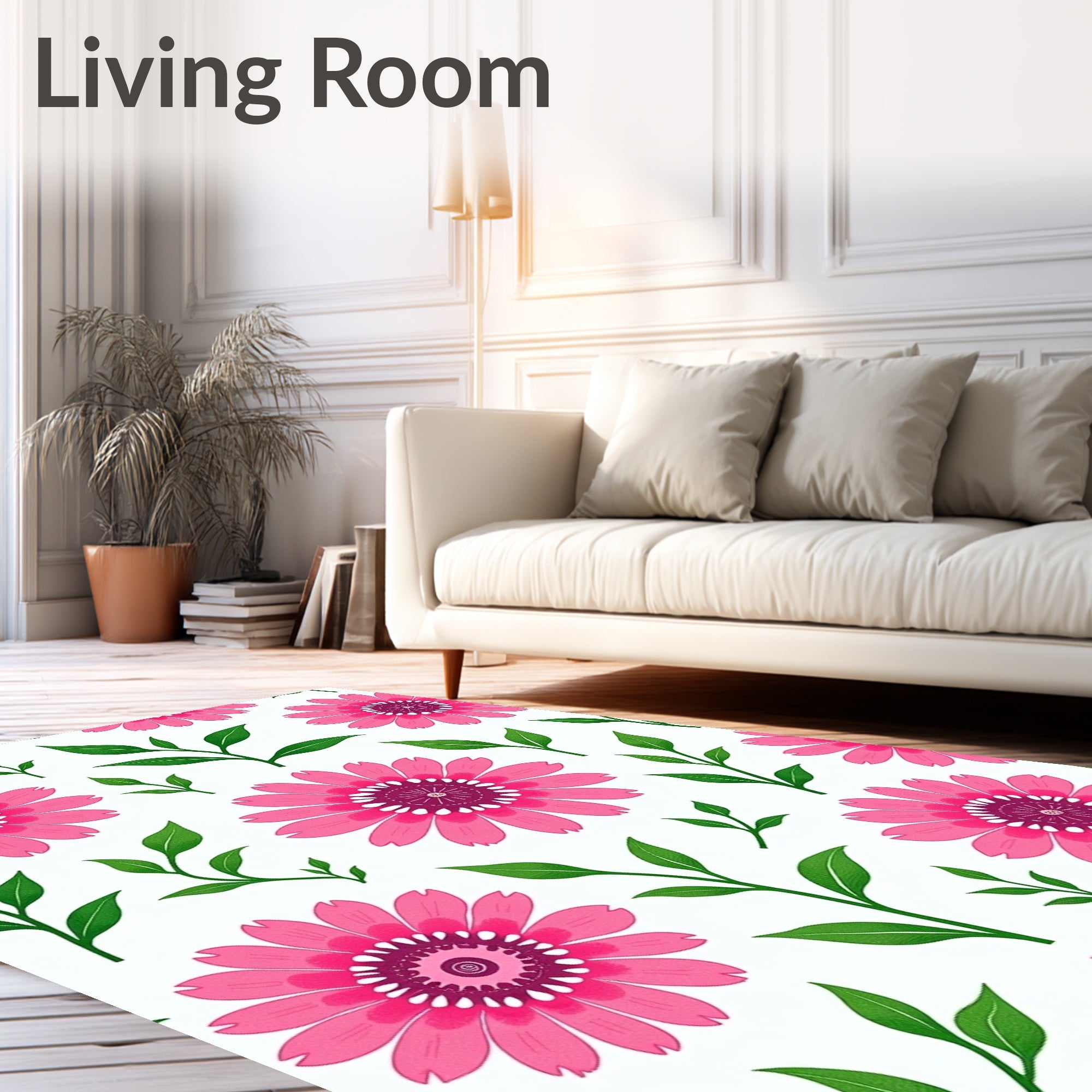 Bright Pink Daisy Floral Vines Rug