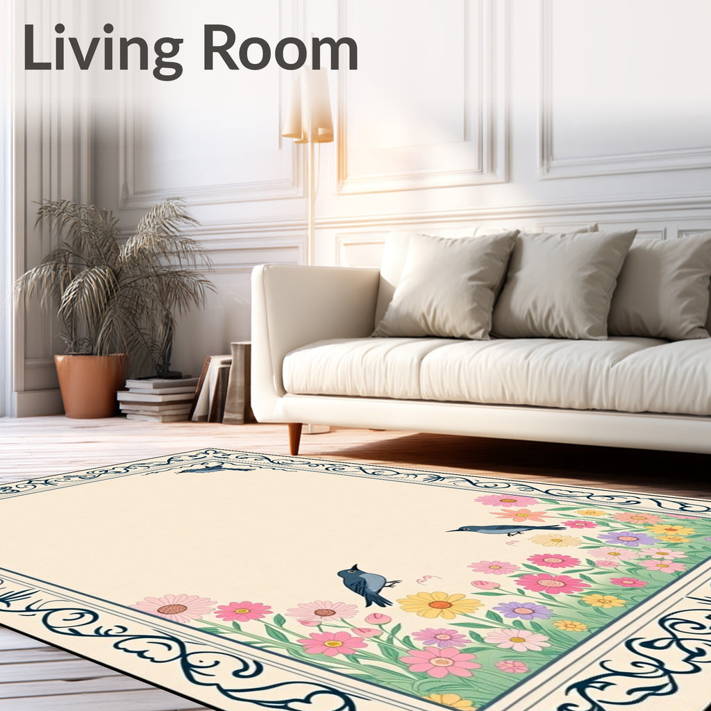 Spring Garden Birds Floral Frame Rug