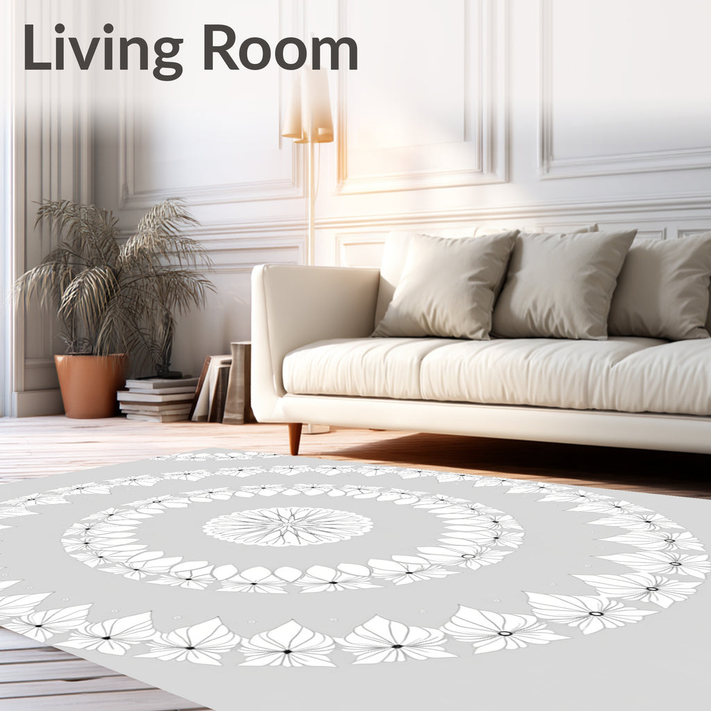 Pale Gray White Blossom Mandala Rug