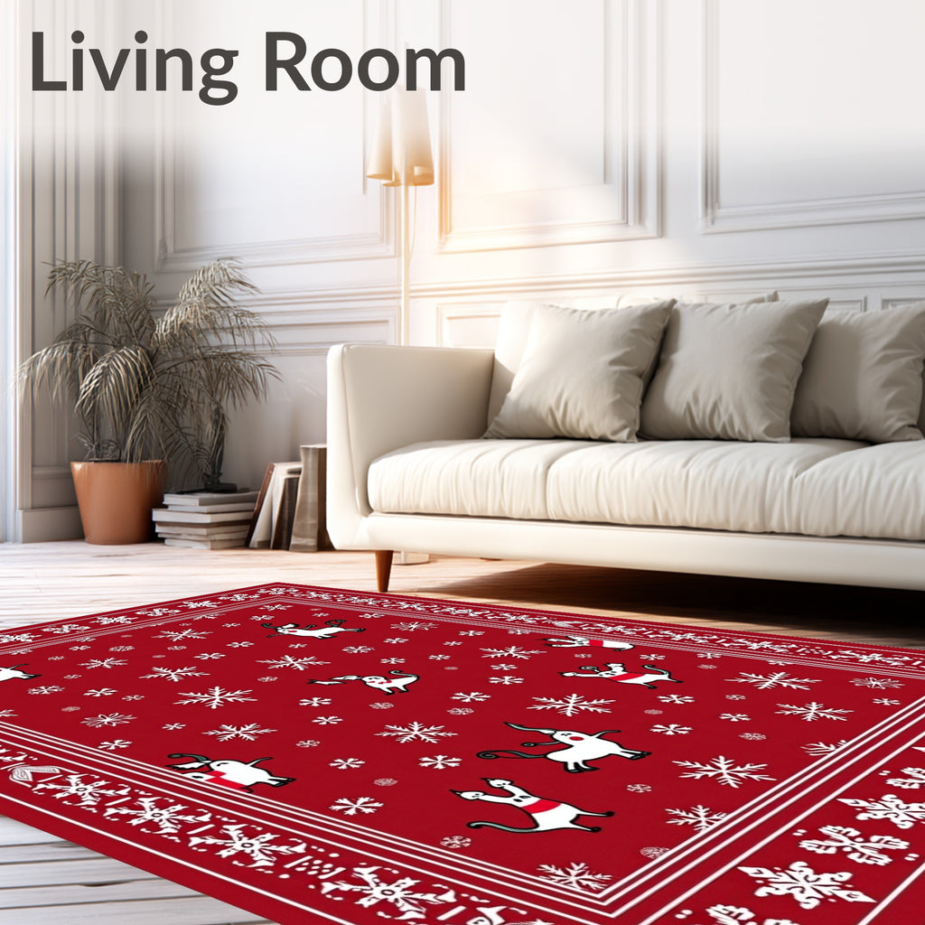 Crimson Snowflakes and Whimsical Creatures Rug