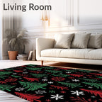 Festive Red Green Pine Snowflakes Rug