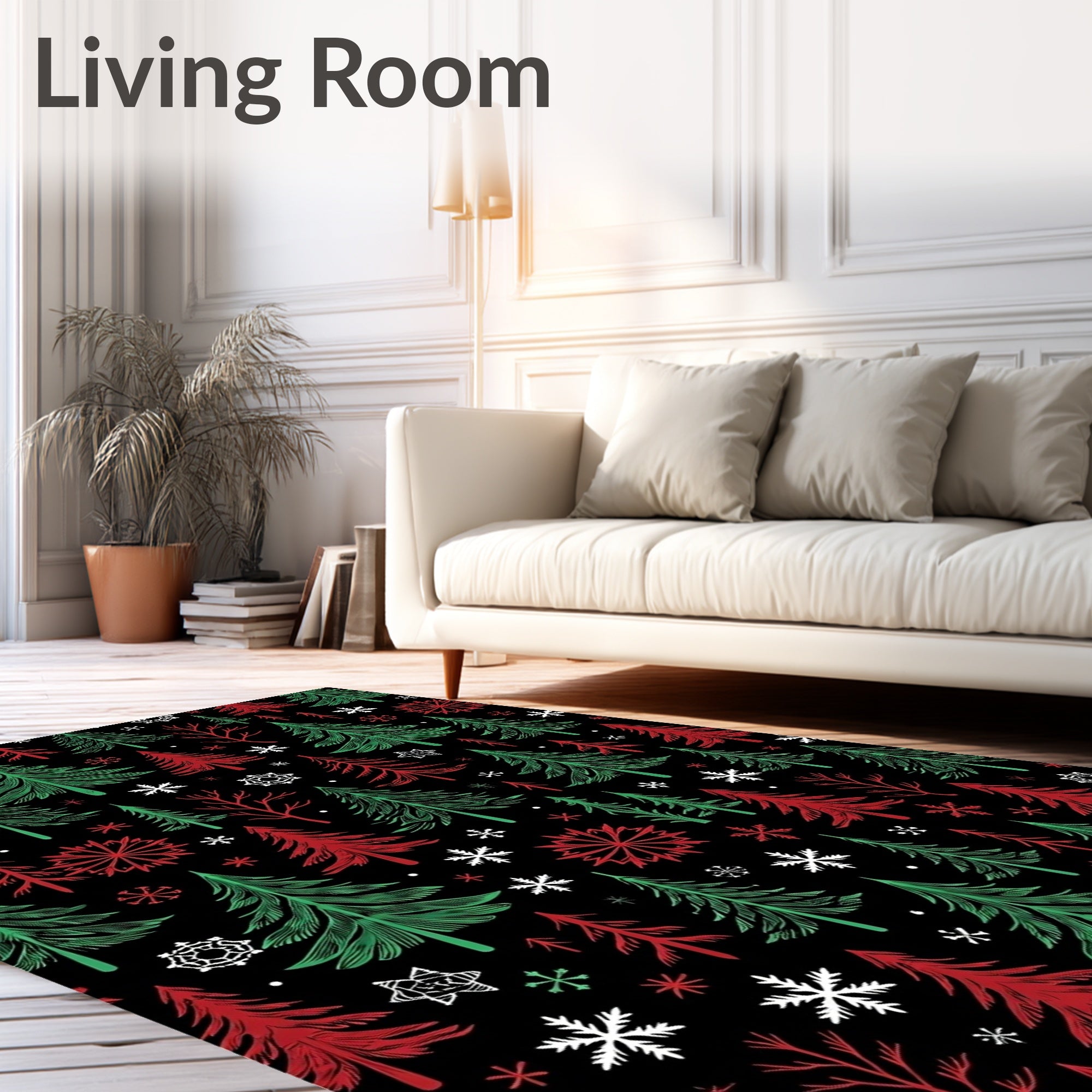 Festive Red Green Pine Snowflakes Rug