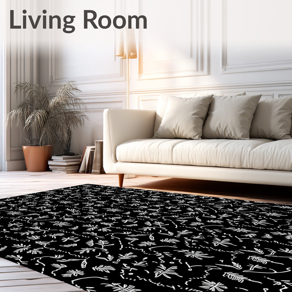 Black White Botanical Flourish Weave Rug