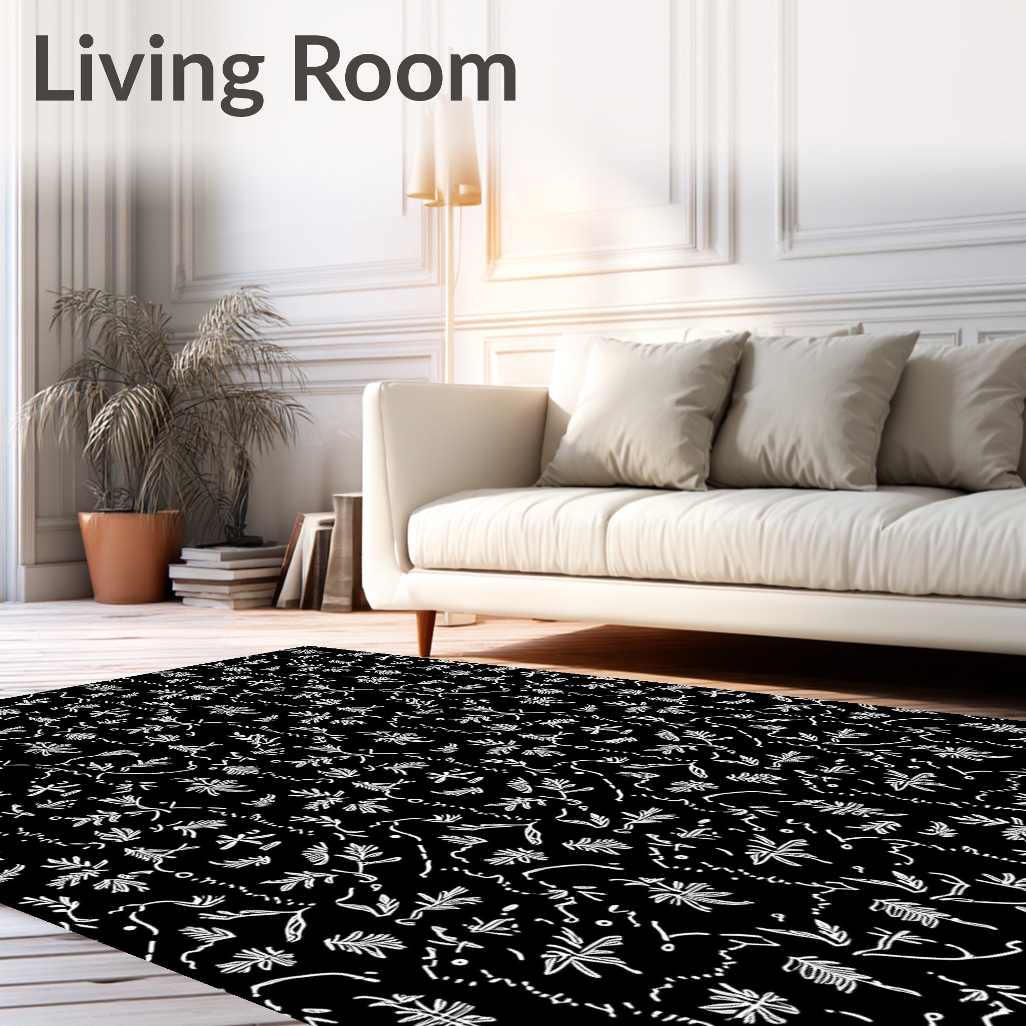Black White Botanical Flourish Weave Rug
