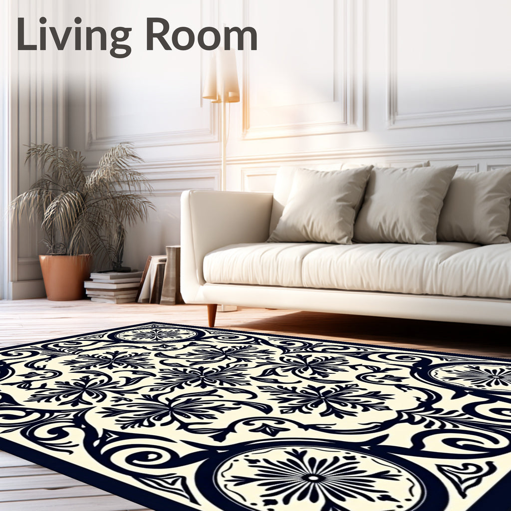 Dark Blue and Cream Scroll Medallion Rug
