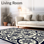 Dark Blue and Cream Scroll Medallion Rug