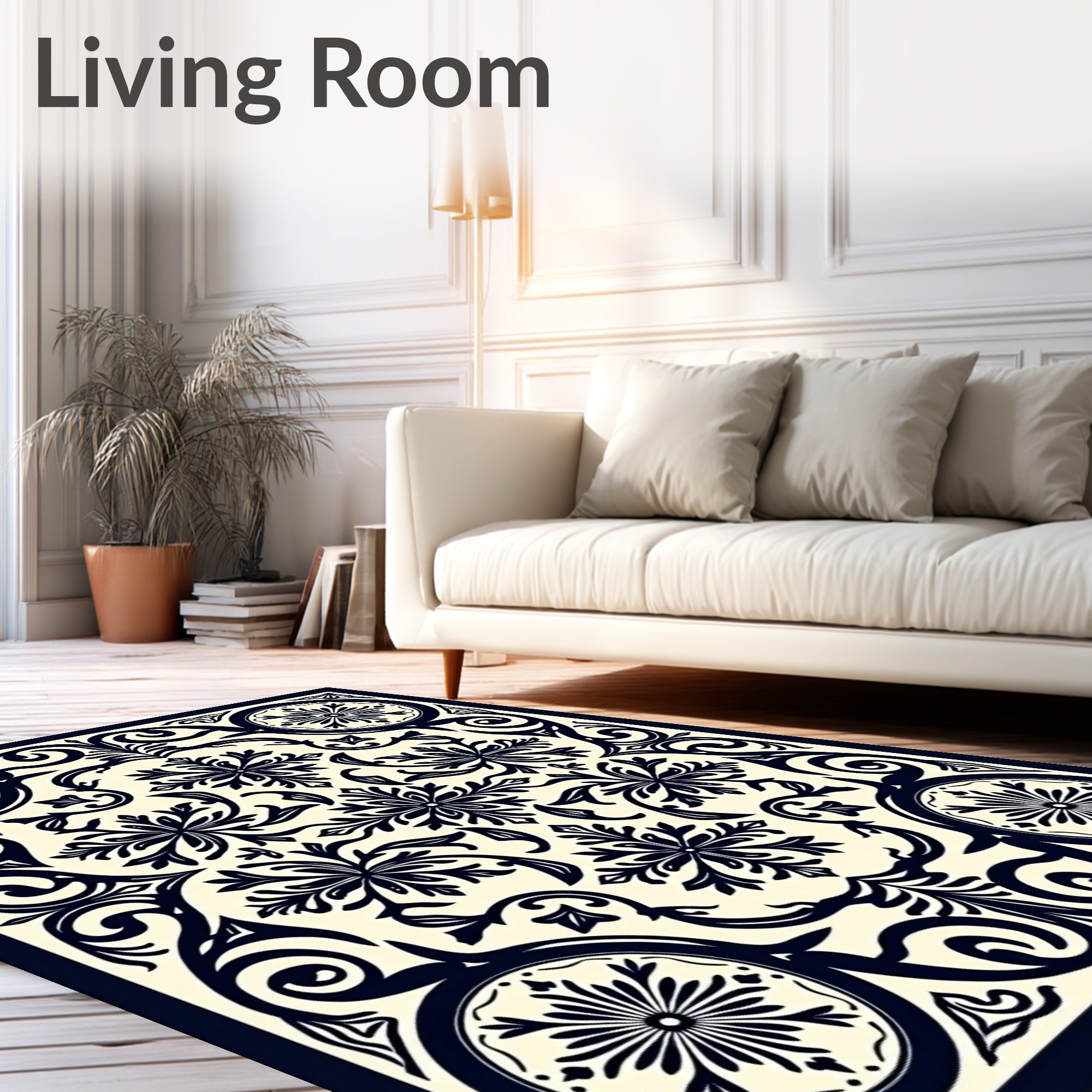 Dark Blue and Cream Scroll Medallion Rug