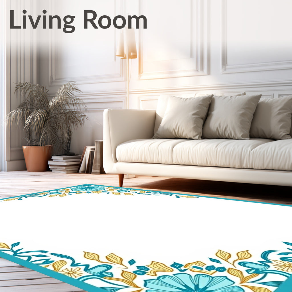Turquoise Golden Floral Corner Accents Rug