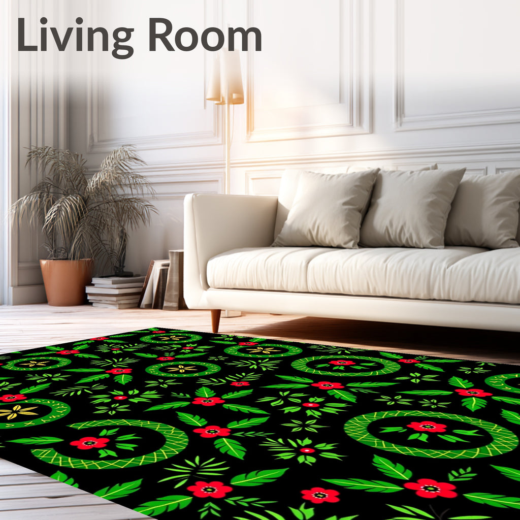 Bold Red Green Floral Circle Medallion Rug