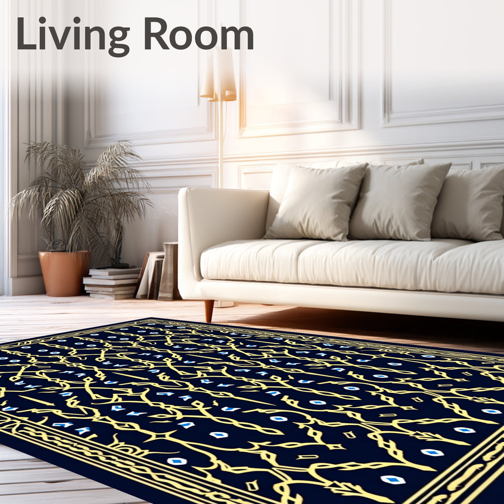 Ornate Yellow Blue Detailed Border Rug