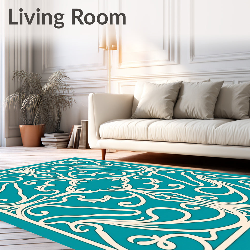 Cream Teal Elaborate Scrollwork Rug