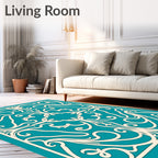 Cream Teal Elaborate Scrollwork Rug