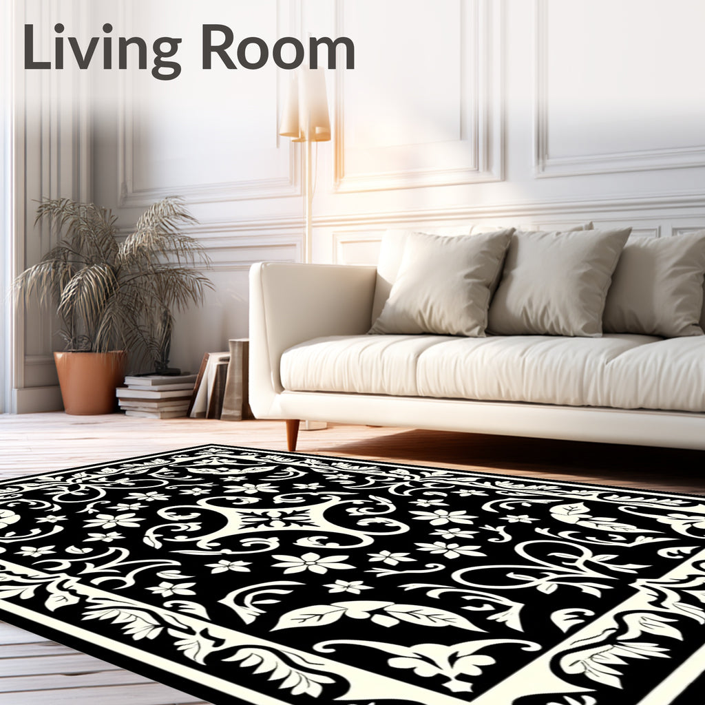 Black Ivory Damask Garden Floral Rug