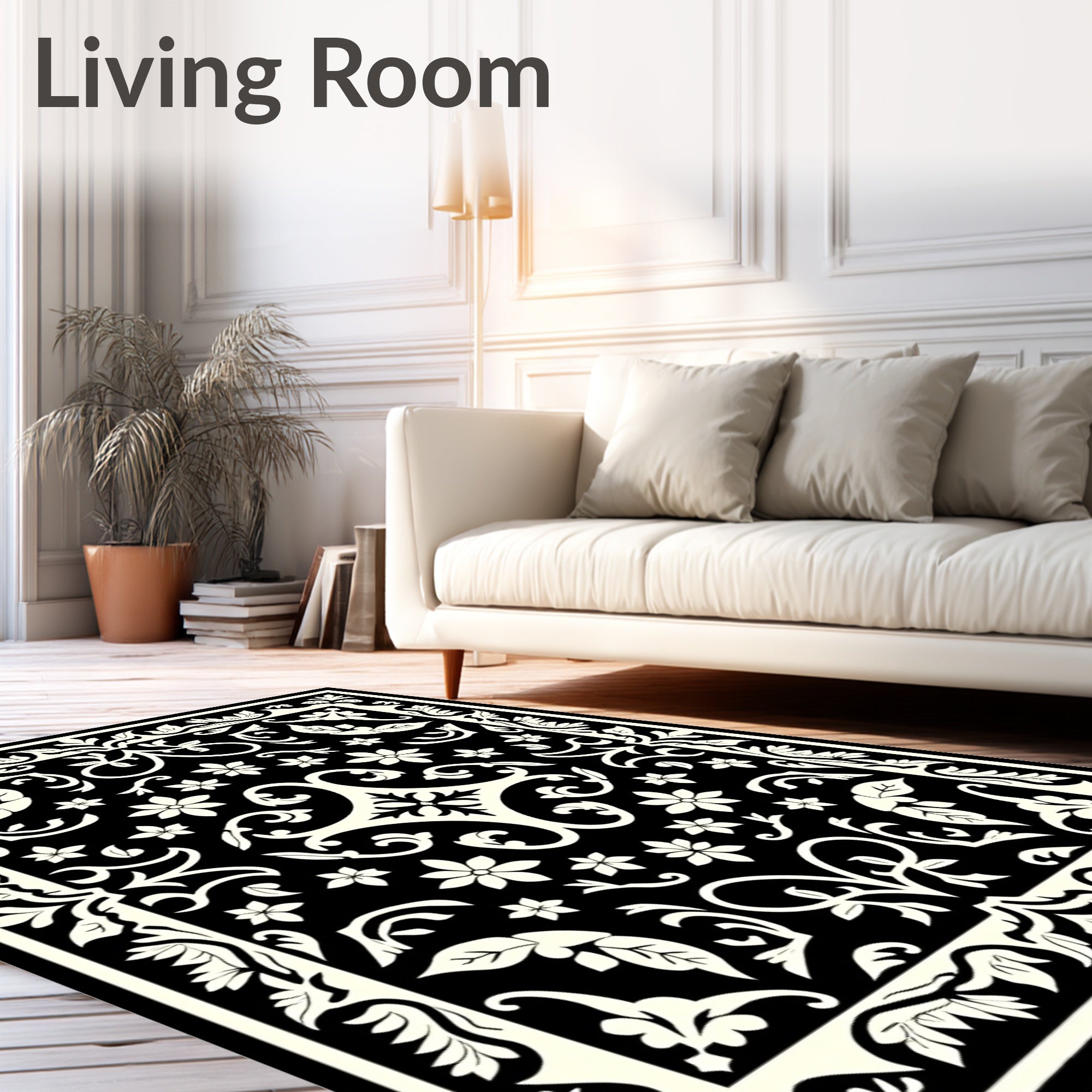 Black Ivory Damask Garden Floral Rug