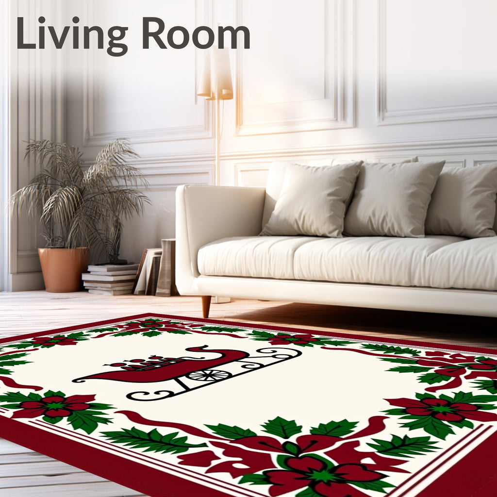Festive Sleigh Holiday Floral Border Rug