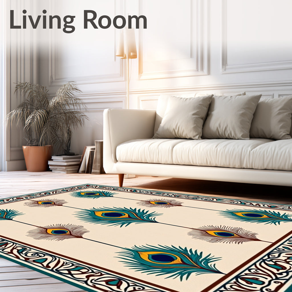 Peacock Feather Emerald Gold Intricate Border Rug