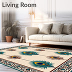 Peacock Feather Emerald Gold Intricate Border Rug