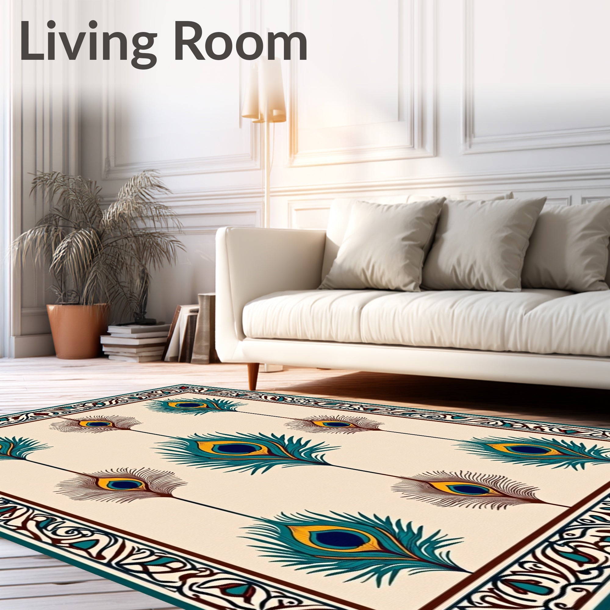 Peacock Feather Emerald Gold Intricate Border Rug