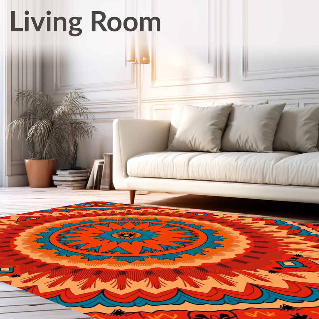 Vibrant Orange Teal Mandala Bloom Rug