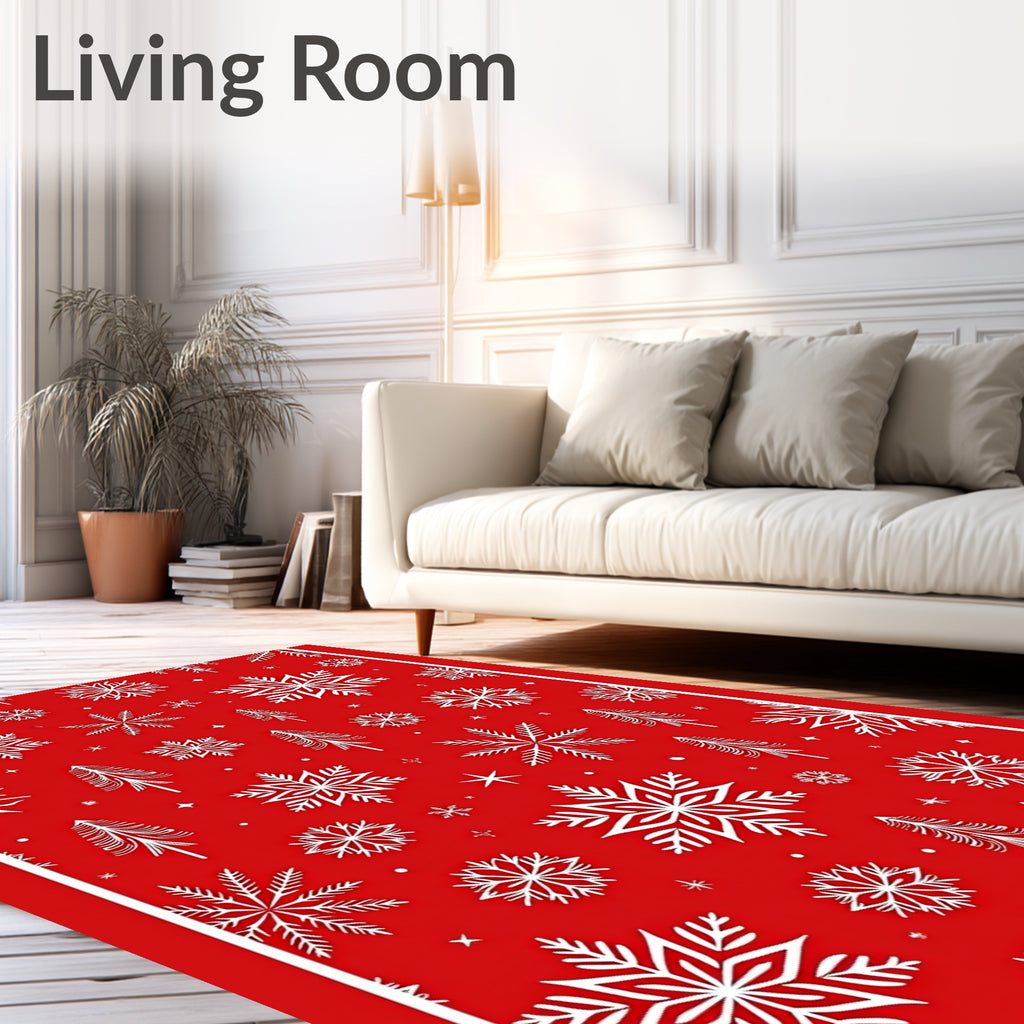 Red White Snowflake Forest Holiday Rug