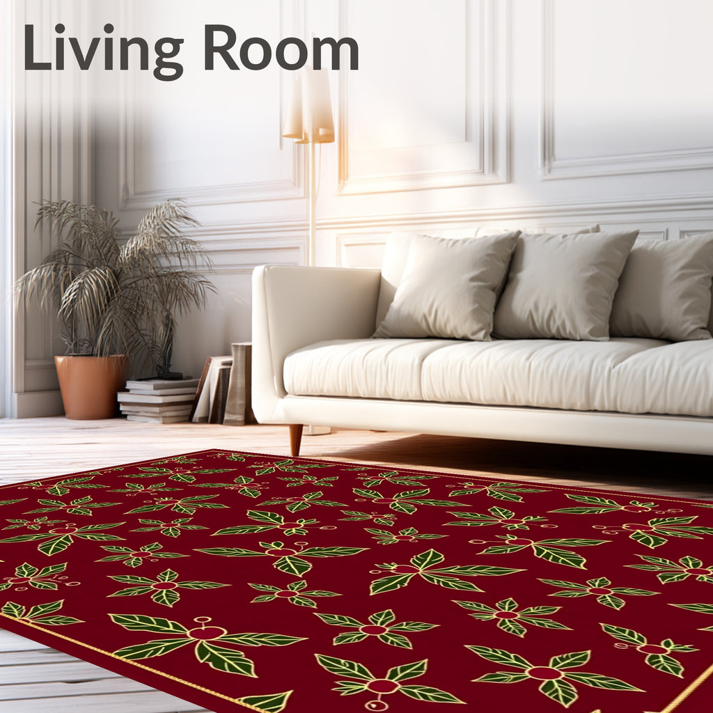 Crimson Red Green Floral Berry Bloom Rug