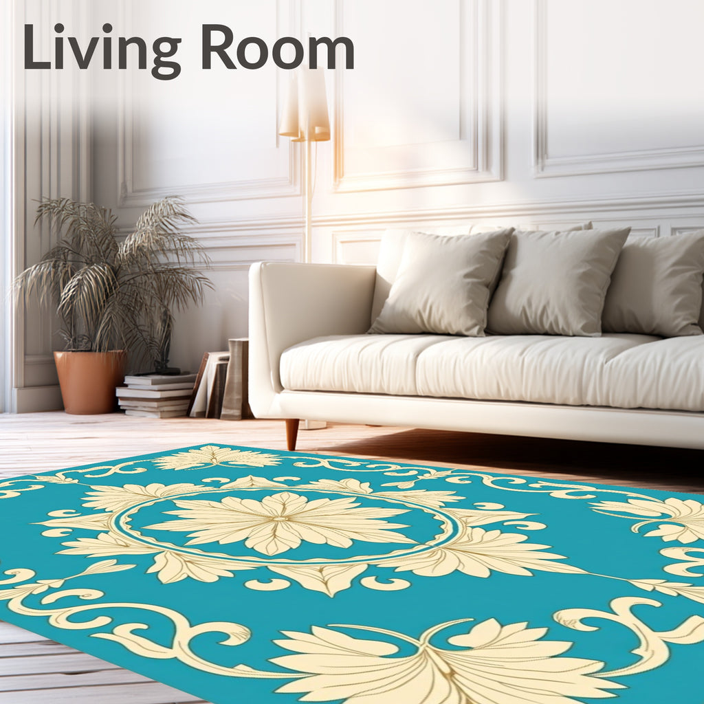 Turquoise Cream Floral Medallion Scrollwork Rug