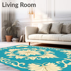 Turquoise Cream Floral Medallion Scrollwork Rug