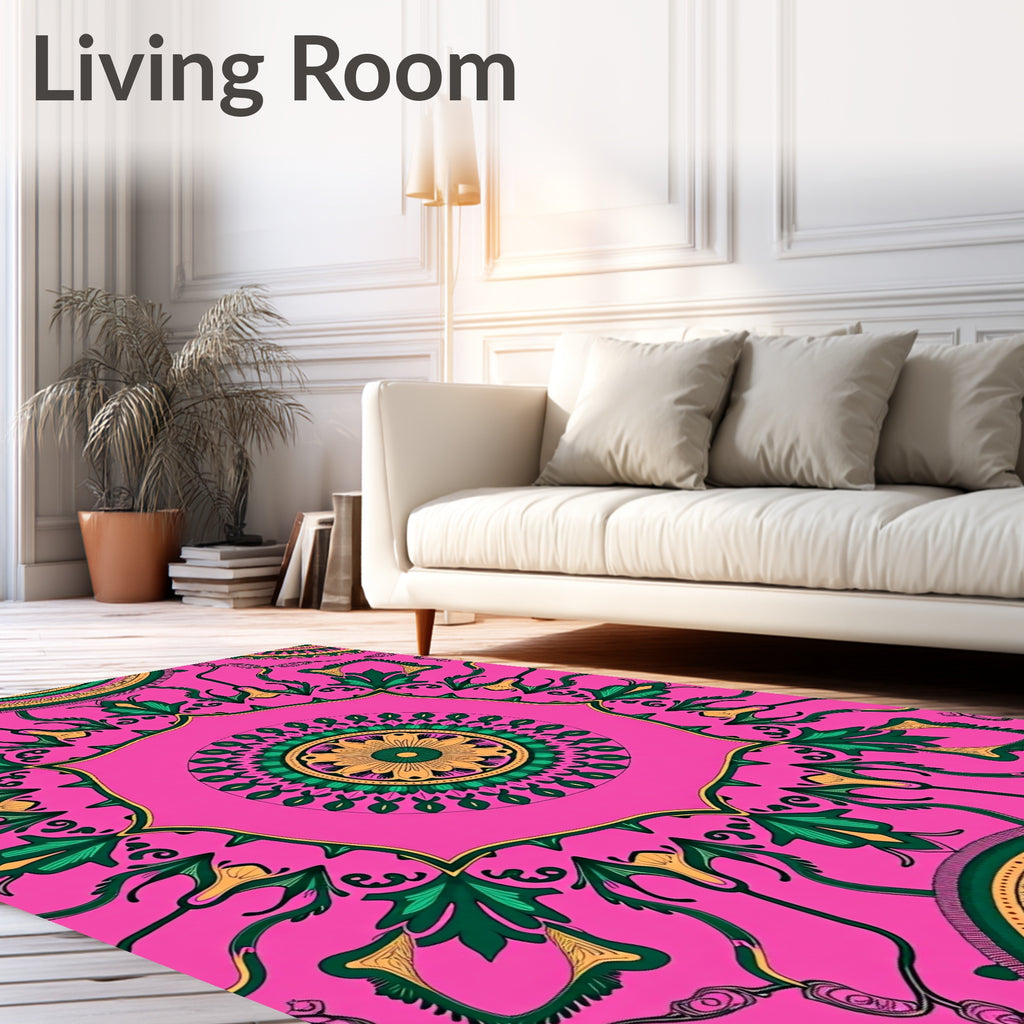 Vibrant Pink Green Floral Mandala Rug