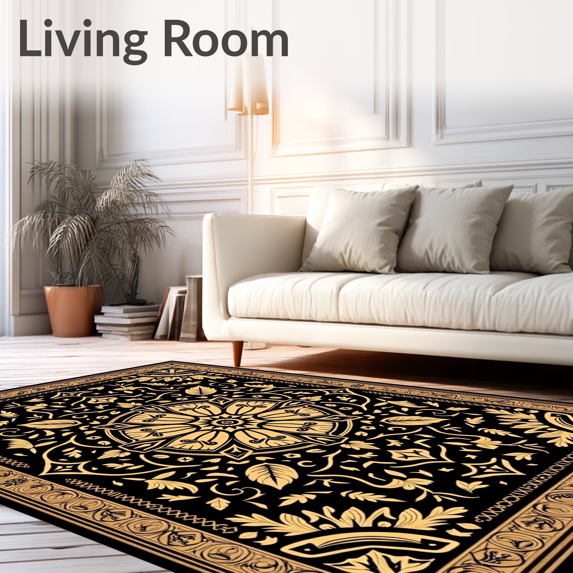 Ornate Black and Gold Floral Medallion Rug