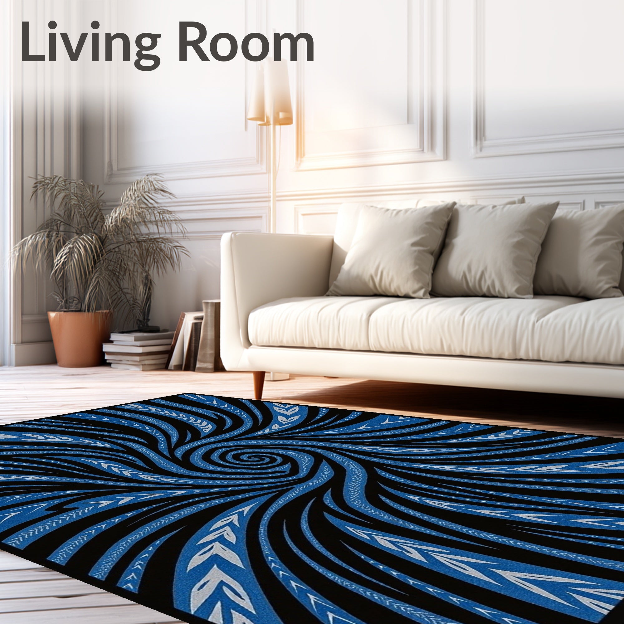 Abstract Blue Swirl Feathered Lines Rug