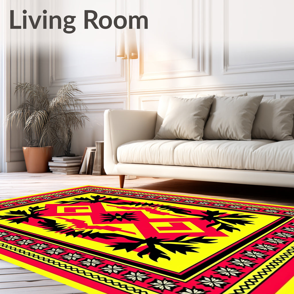 Bold Red Yellow Floral Geometric Rug