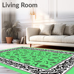 Ornate Black Bordered Green Medallion Rug