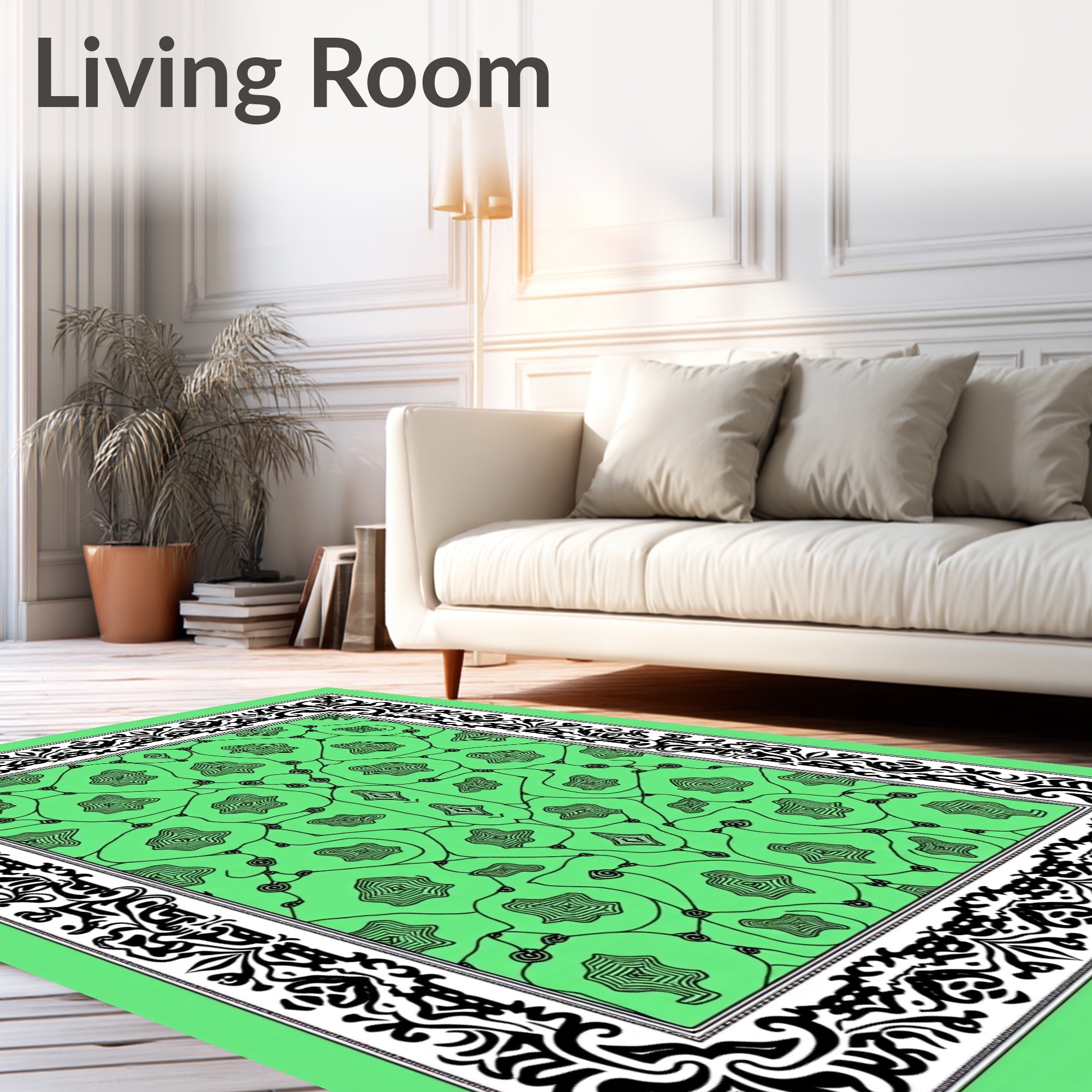 Ornate Black Bordered Green Medallion Rug