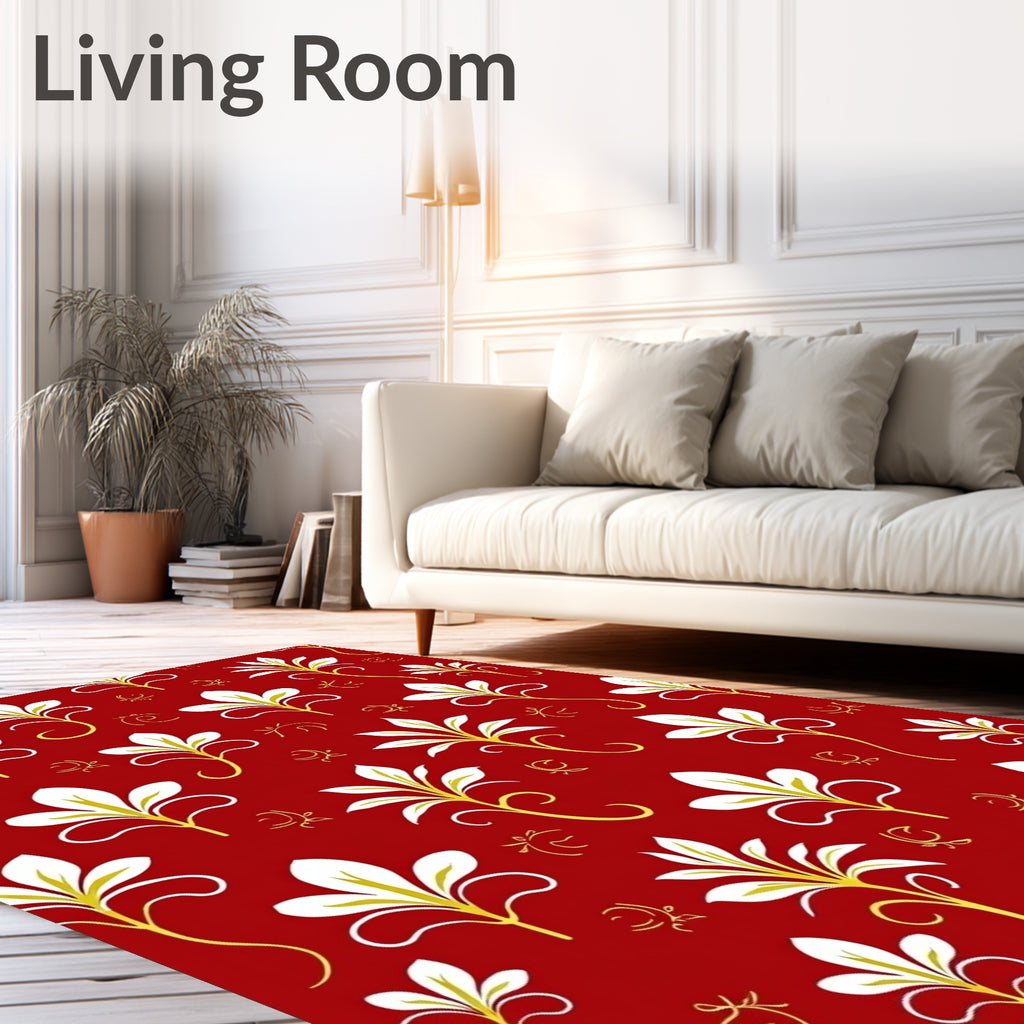 Bold Red White Gold Floral Curlicue Rug