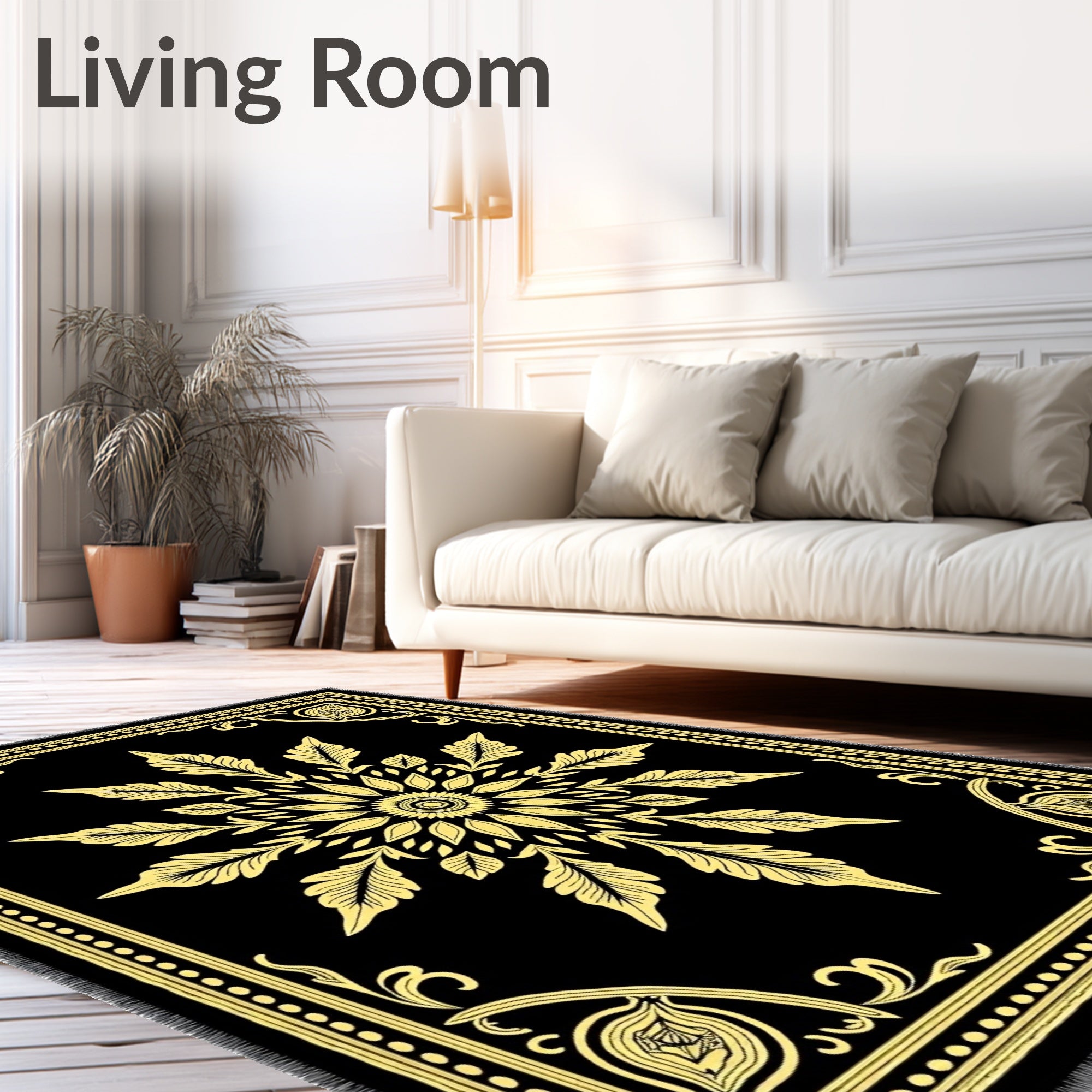 Golden Floral Medallion Black Rug