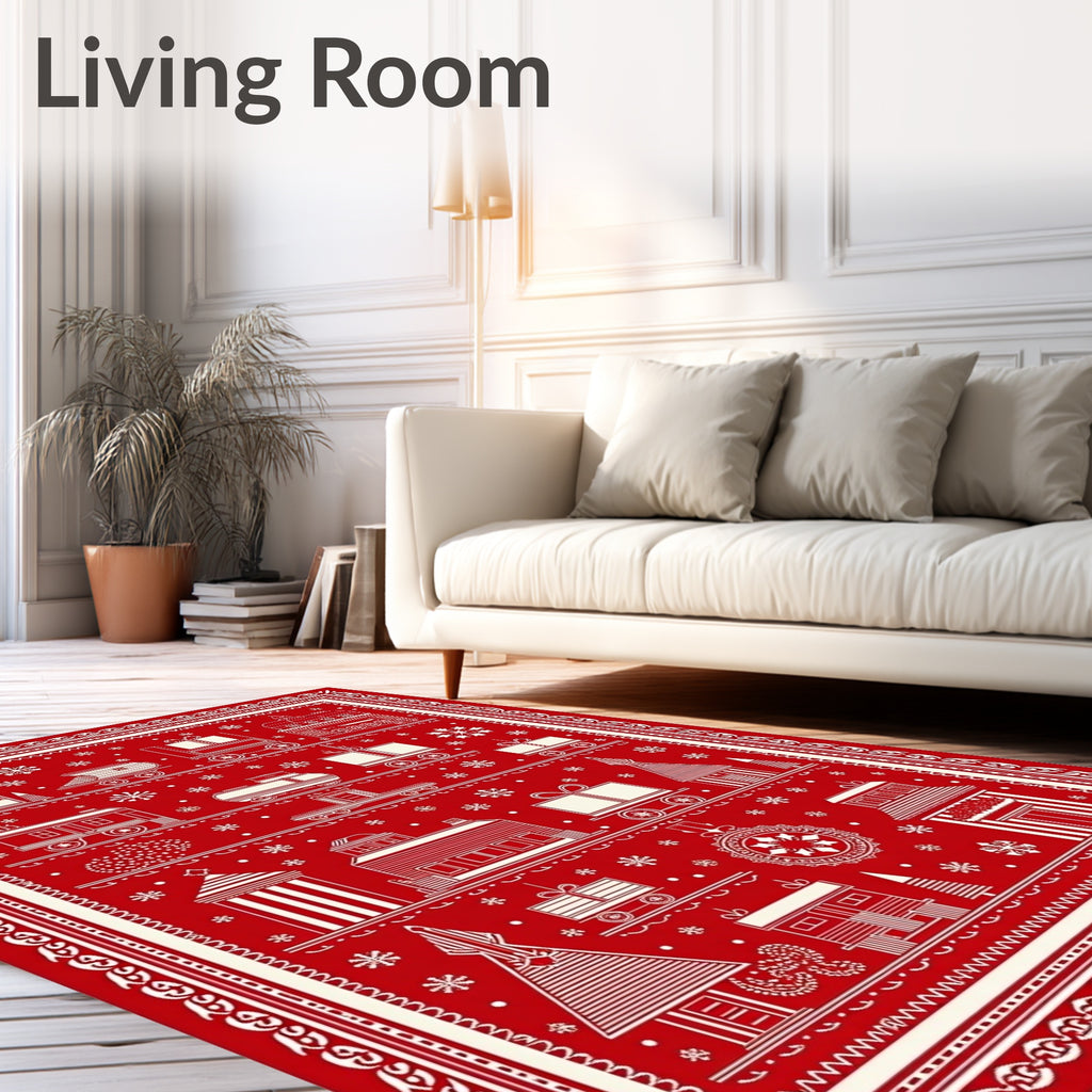 Red White Holiday Train Cottage Snowflakes Rug