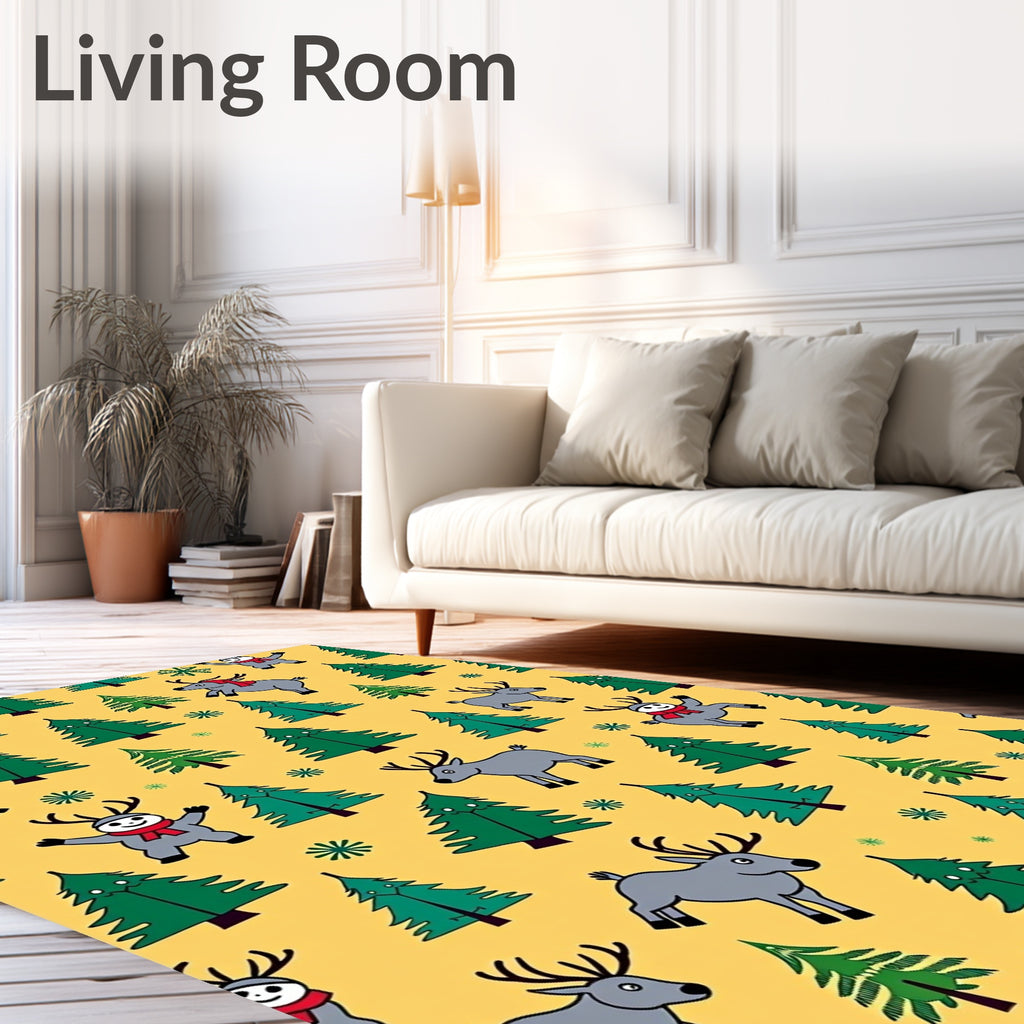 Jolly Reindeer Spruce Trees Yellow Rug