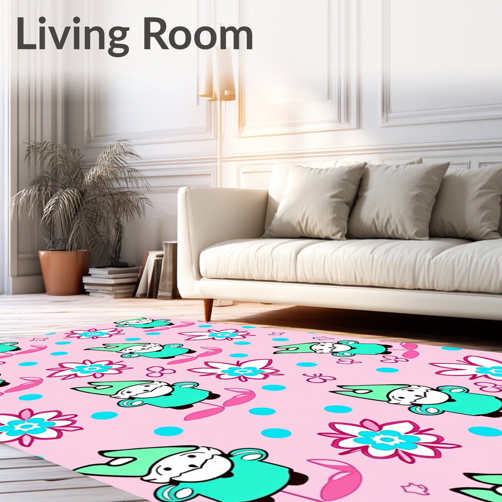 Pink Gnome Floral Whimsical Repeating Pattern Rug